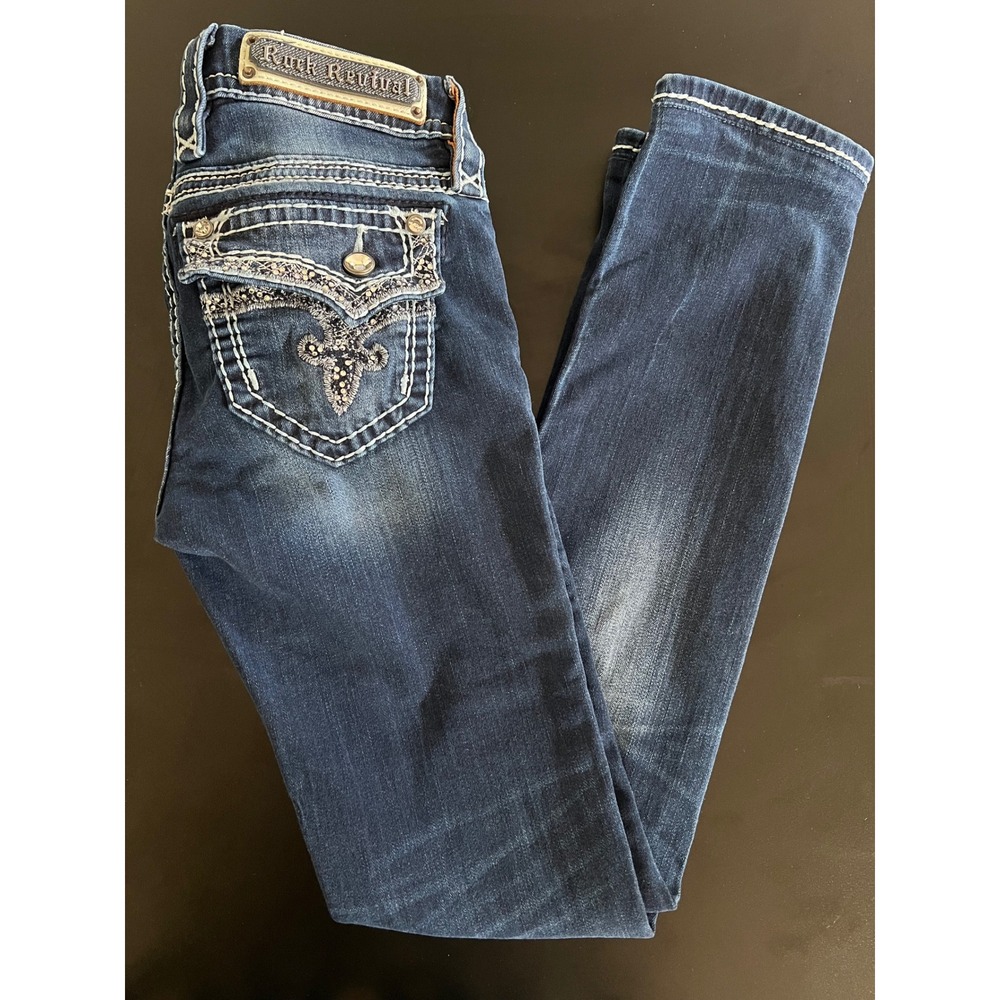 Rock Revival Kai Straight Leg Jeans Dark Wash Sequin Fleur De Lis Size 25